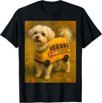 Cute White Maltese Dog School Bus Costume Vintage Funny Art T-Shirt
