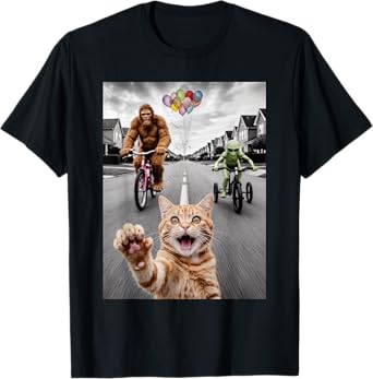 Cat Selfie Riding Bikes Funny Outdoor Biking Bigfoot Alien T-Shirt for Men Women