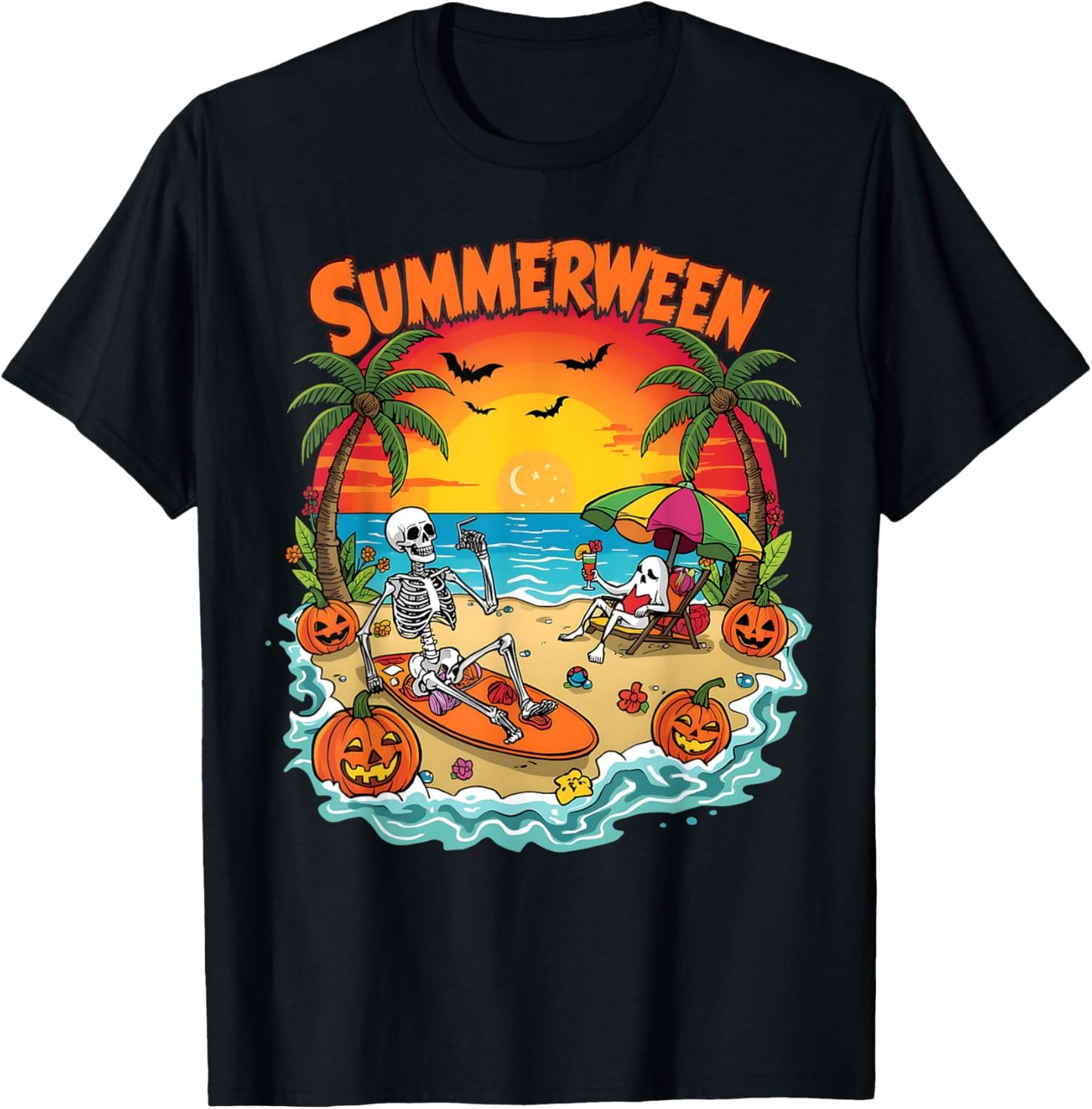 Summerween Skeleton Beach Party Halloween Vibes T-Shirt