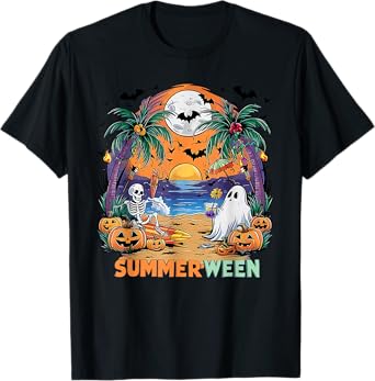 Summerween Skeleton Beach Party Halloween Vibes T-Shirt