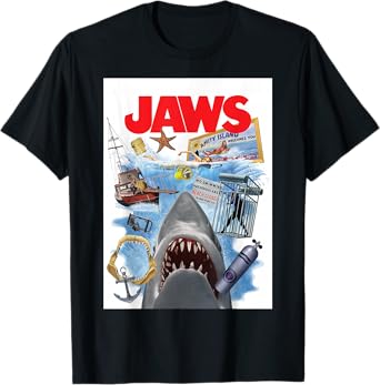 Jaws 50th Anniversary Poster Amity Island Collage 2-Sided T-Shirt