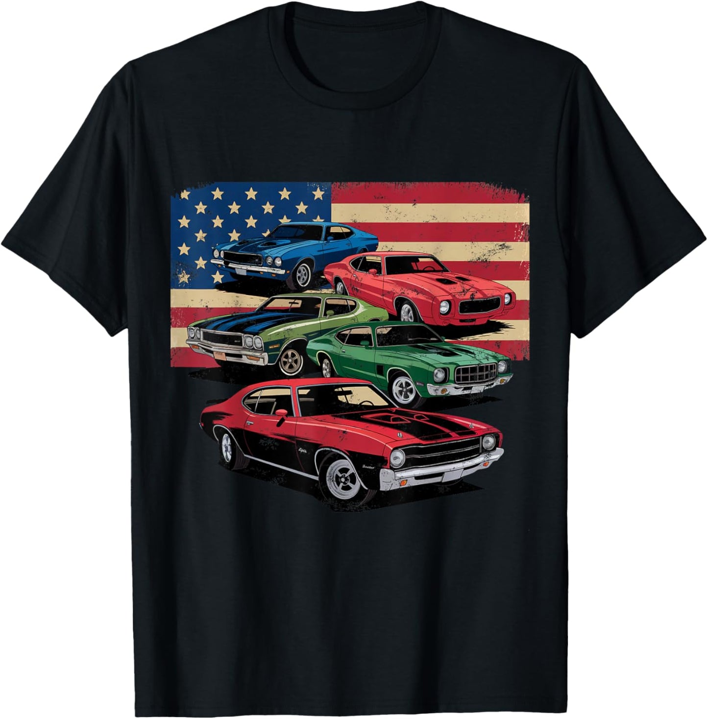 Vintage Classic Cars Muscle Car American Flag Patriotic T-Shirt
