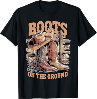 Retro Western Cowgirl Cowboy Hat Boots On Da Ground T-Shirt