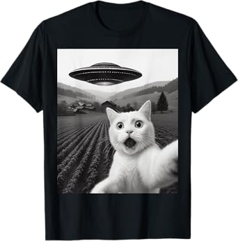 White Cat Selfie with Alien UFO Funny Kitty Abduction Tee T-Shirt