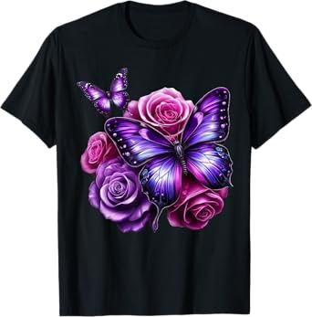 Beautiful Butterfly Purple Rose Butterfly Lovers Gifts Women T-Shirt