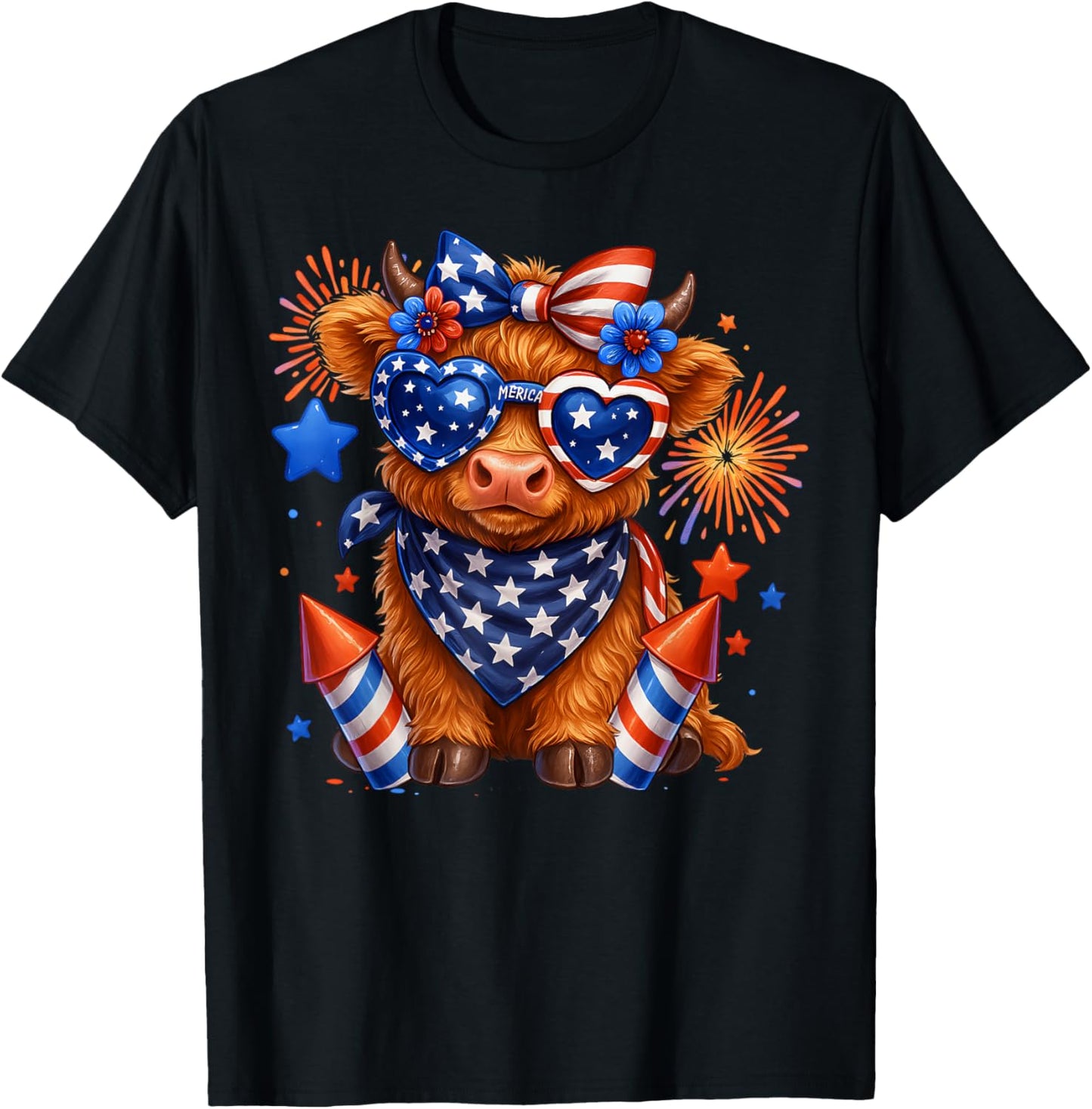 Cute Highland Cow 4th Of July USA Flag Patriotic Cow Farmer T-Shirt