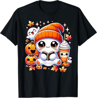 Cute Ghost Reading Book Pumpkins Fall Chocolate Halloween T-Shirt