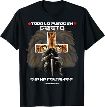 Español Spanish Christian Gifts Cross Lion Filipenses 4:13 T-Shirt