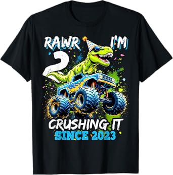 2nd Birthday Monster Truck Dinosaur Party Boys Rawr I'm 2 T-Shirt