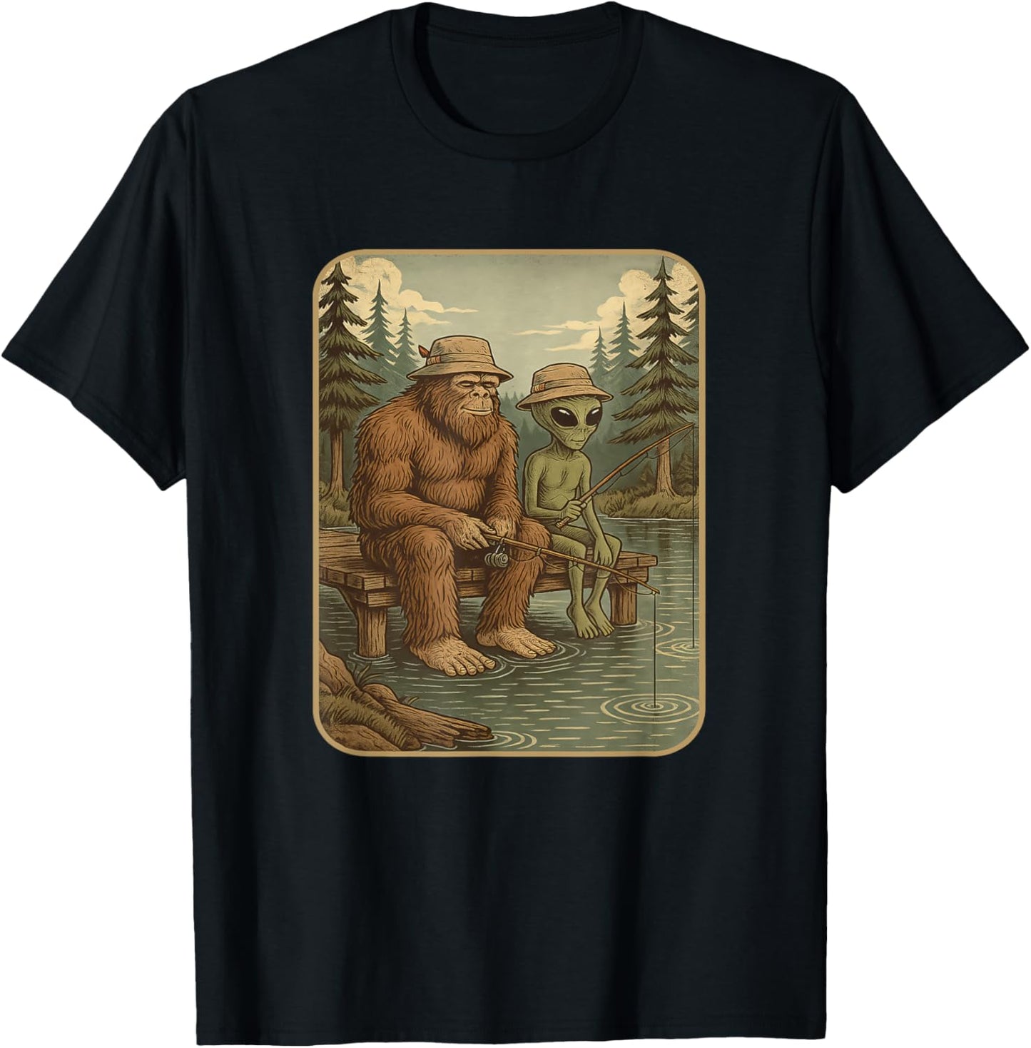 Bigfoot Fishing Men Boys Sasquatch Fishing Distressed T-Shirt