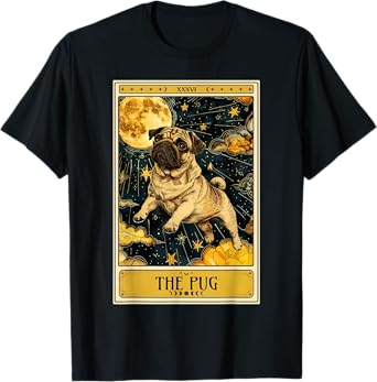 Vintage Pug Tarot Card Celestial Moon Stars Pet Dog Lover T-Shirt for Men Women Kids