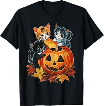 Cute Cat Pumpkin Halloween Spooky Season Vintage Men Women T-Shirt