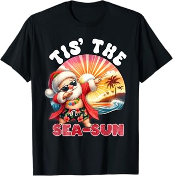 Tis The Sea-Sun Christmas In July Tropical Dabbing Santa T-Shirt