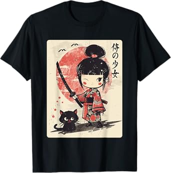 Cute Kawaii Samurai Girl with Katana & Cat Japanese Anime T-Shirt