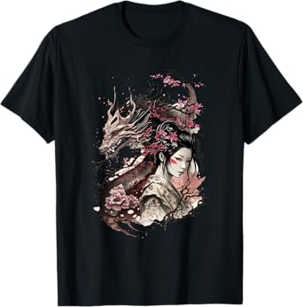 198 Sakura Japan Geisha Japanese Dragon Cherry Blossom T-Shirt