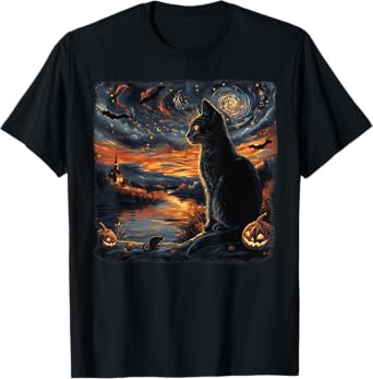 Halloween Van Gogh Starry Night Black Cat Pumpkins Bats Tees T-Shirt for Men Women Kids