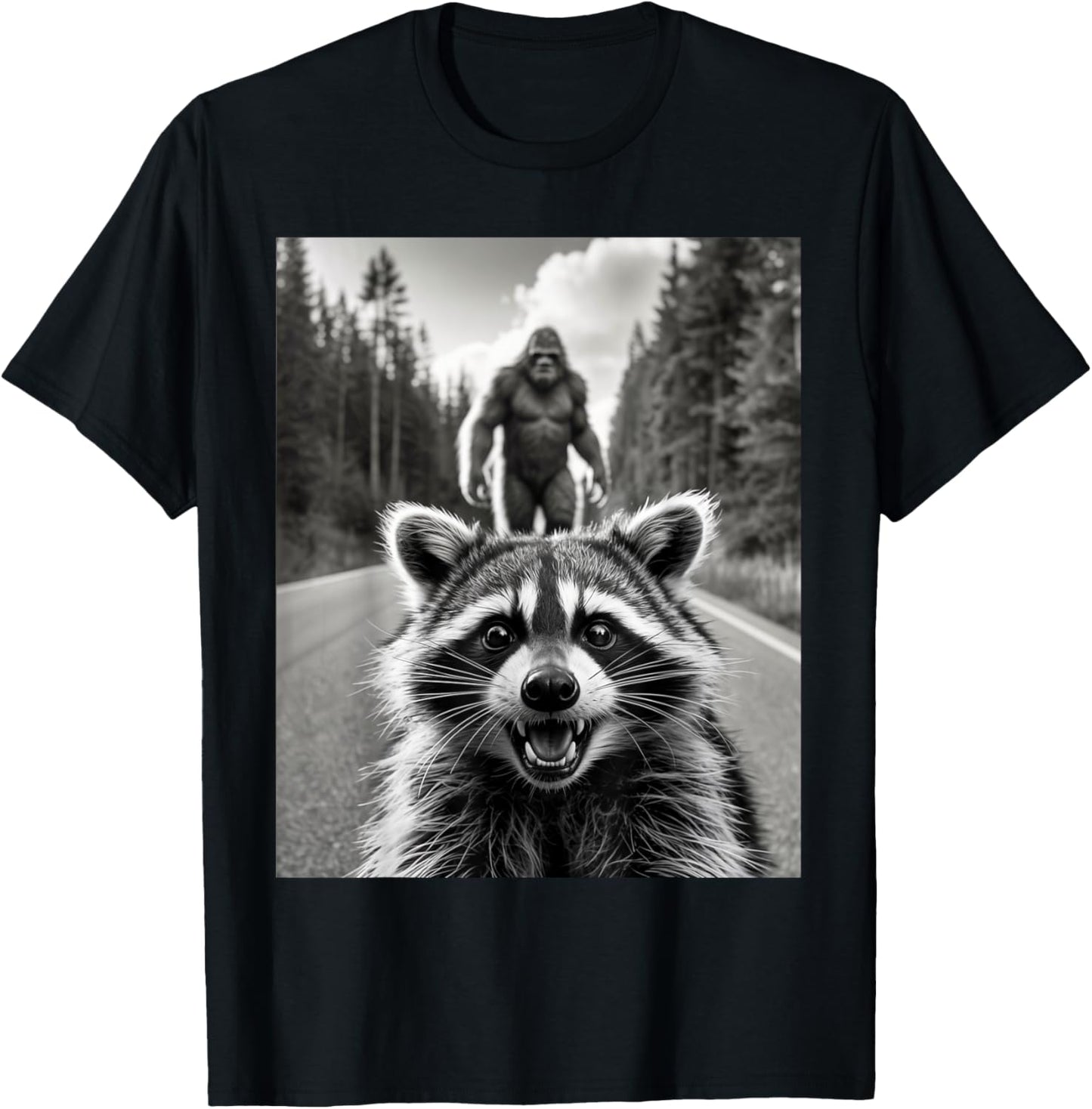 Scared Raccoon Selfie With Sasquatch Bigfoot Funny T-Shirt