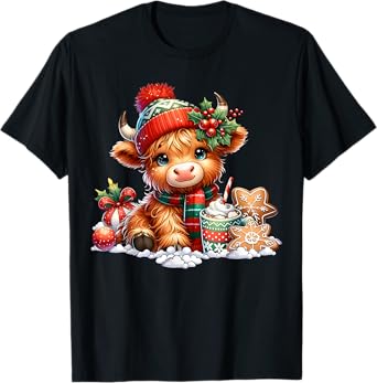 Christmas Highland Cow Cute Heifer Cow Santa Hat Mooey Xmas T-Shirt