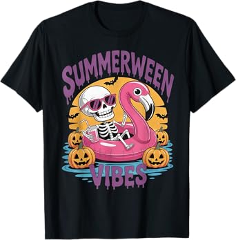 Summerween Vibes Skeleton Flamingo Spooky Halloween Summer T-Shirt