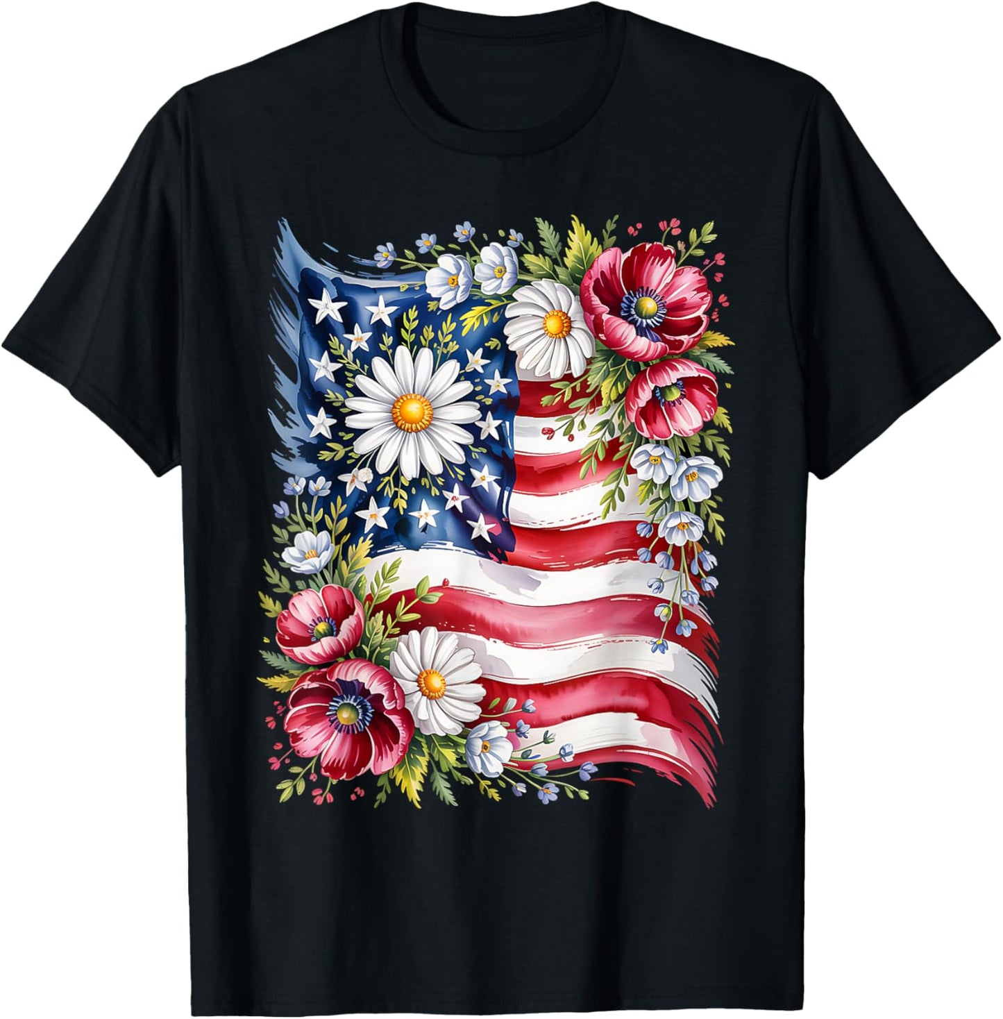 Floral Daisy American Flag Usa 4th Of July Patriotic Women T-shirt