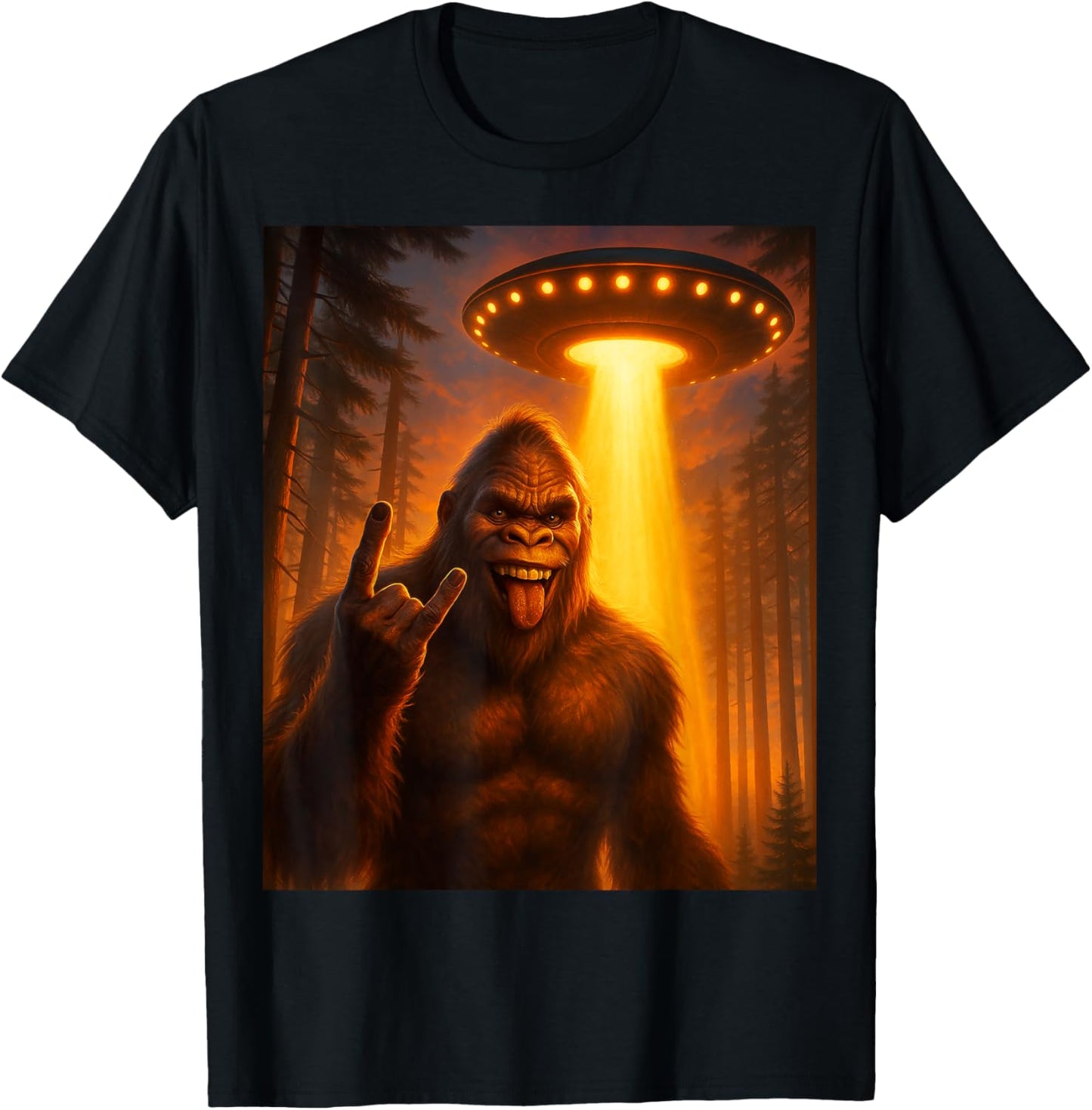 Sasquatch Bigfoot Selfie With UFO Alien Rock On Gift Graphic T-Shirt