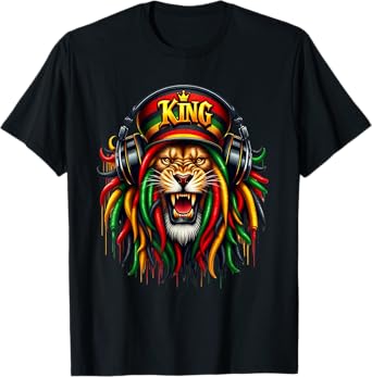Rasta Reggae Music Headphones Jamaican Pride Lion Of Judah T-Shirt