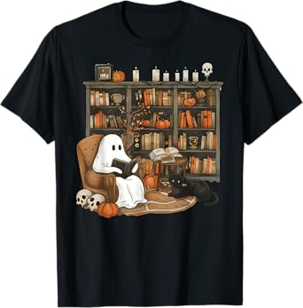 Vintage Ghost Reading Books Librarian Teacher Halloween T-Shirt for Men Women