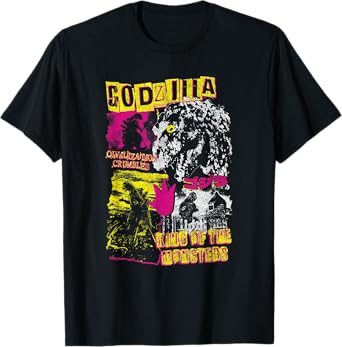 Godzilla Civilization Crumbles Neon Collage Retro Movie T-Shirt