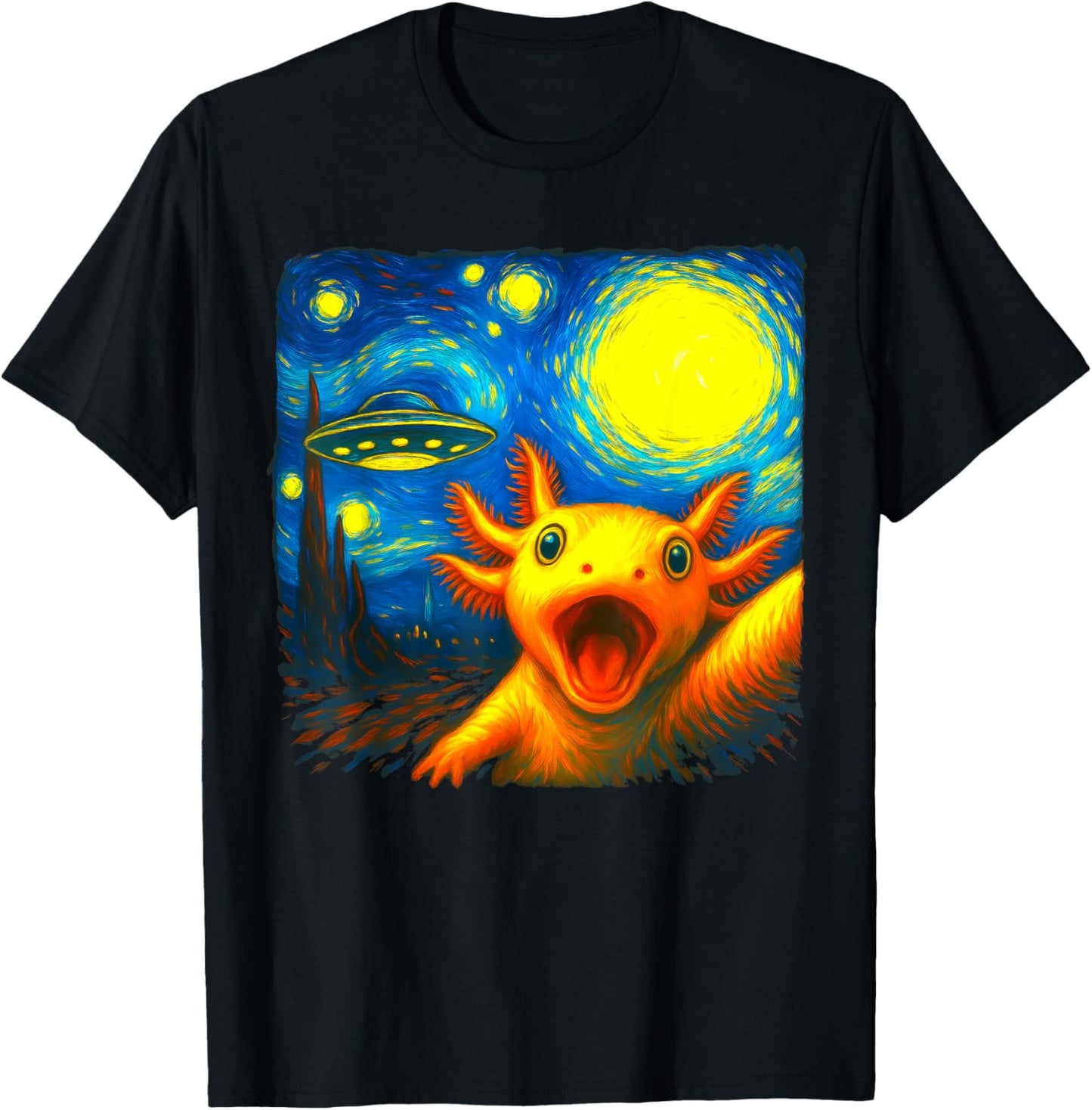 Axolotl Selfie With Alien Ufo Funny Starry Night Van Gogh T-shirt