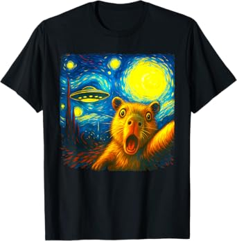 Capybara Selfie With Alien UFO Funny Starry Night Van Gogh T-Shirt