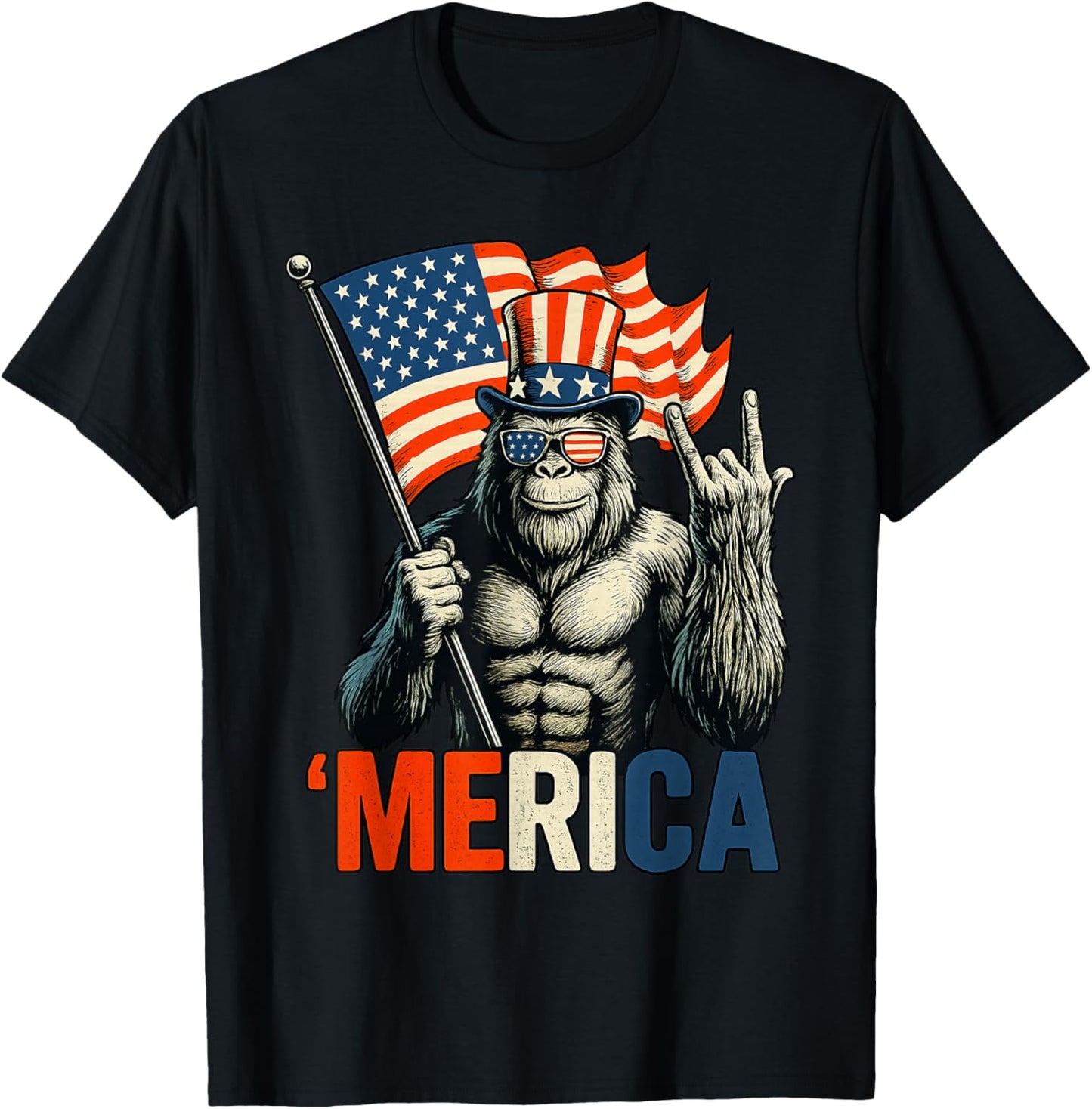 Bigfoot Rock & Roll 'Merica USA American Flag 4th of July T-Shirt