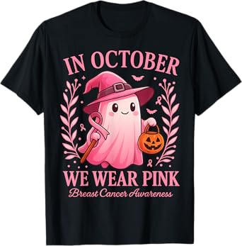 Breast Cancer in October We Wear Pink Cute Ghost Halloween T-Shirt