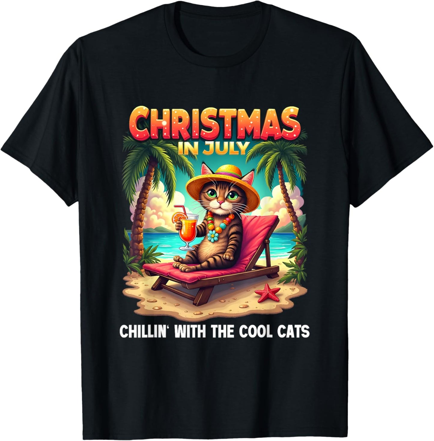 Meowy Xmas Summer Christmas In July Chillin Cool Cats Funny T-Shirt