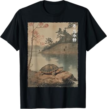 Turtle and Cherry Blossom tree Japanese Woodblock Nature Art T-Shirt