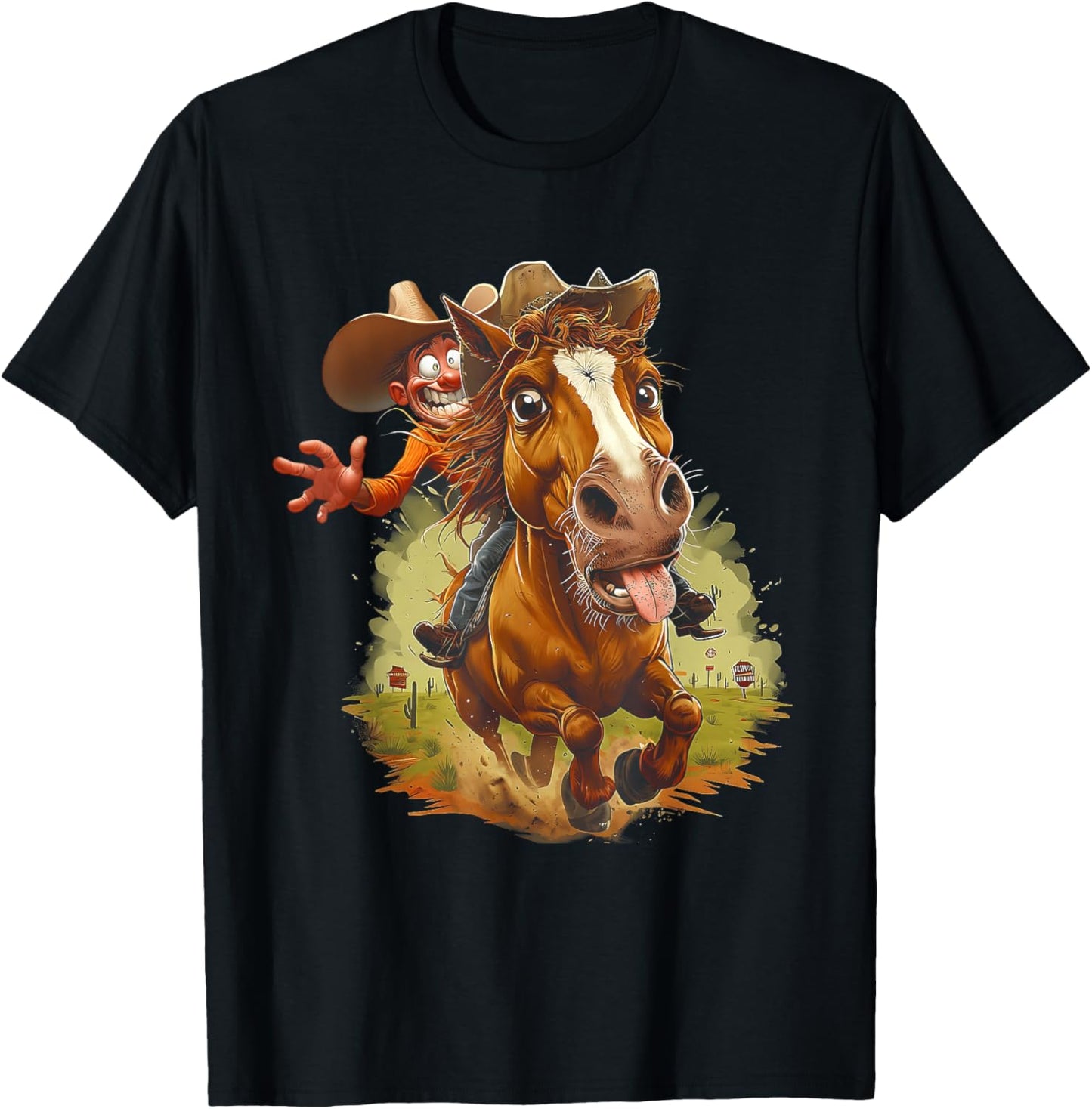 Comic Cartoon Style Western Cowboy Riding Horse Tongue Out T-Shirt