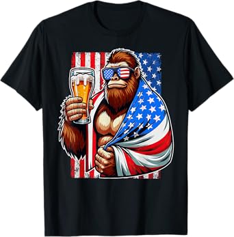Bigfoot American Flag Drinking Beer 4th Of July Patriotic T-Shirt for Women Men