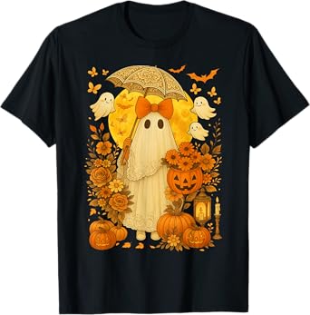 Coquette Floral Ghost Pumpkin Vintage Halloween Lace Ghost T-Shirt
