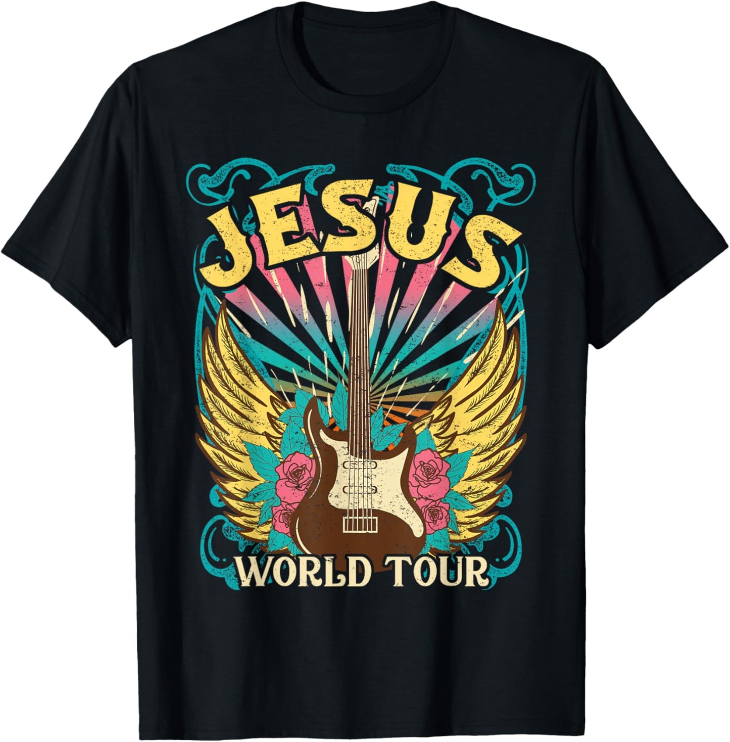 Jesus World Tour Retro 70s 80s Rock Concert Guitar Christian T-Shirt