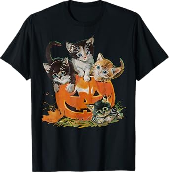 Vintage 90s Cat Pumpkin Halloween Retro Floral Spooky Season T-Shirt