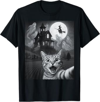 Halloween Cat Selfie With Scary House For Men Women Kids T-Shirt