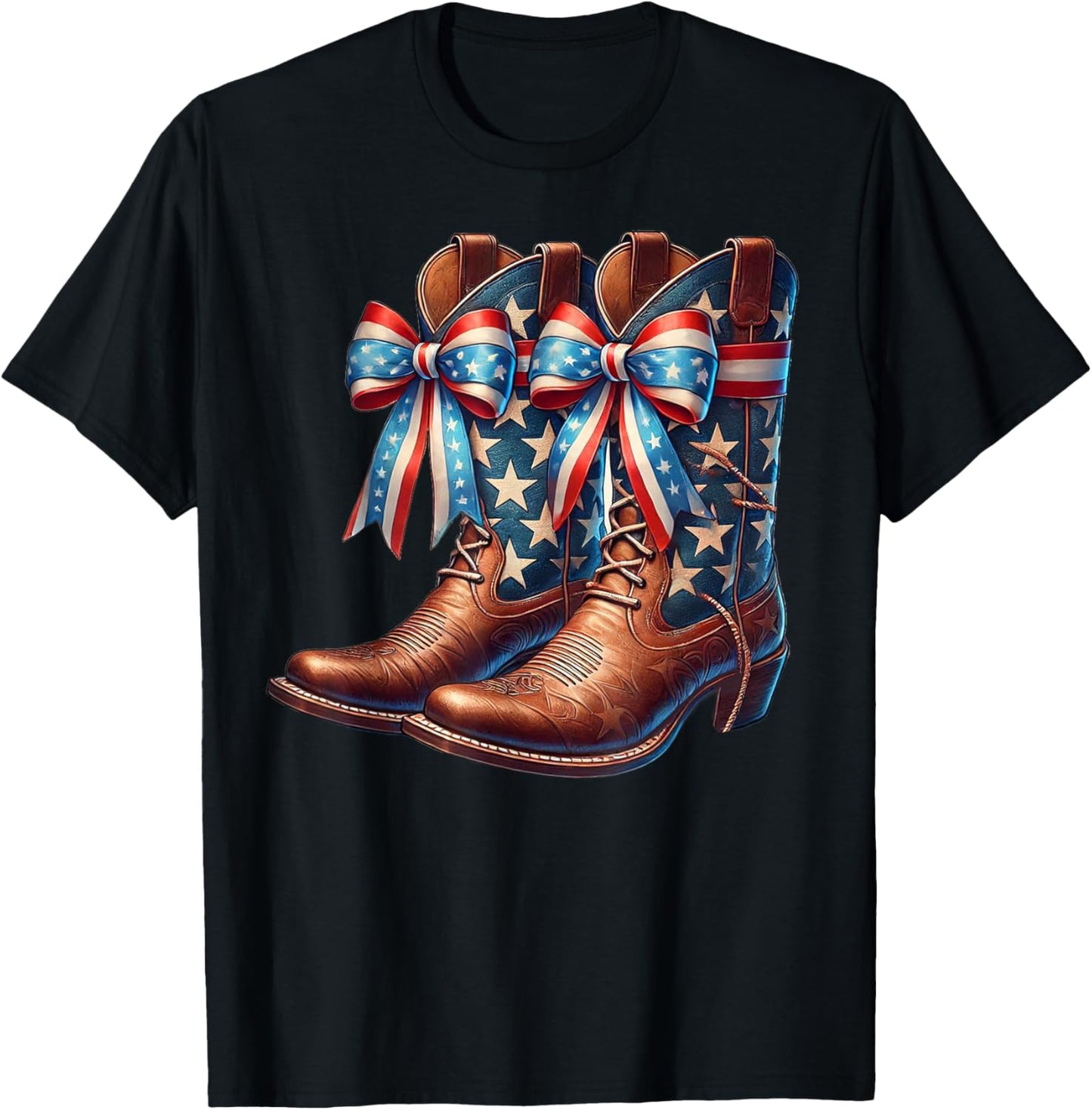 4Th Of July Cowgirl Boots Coquette Bow American Flag Western T-Shirt