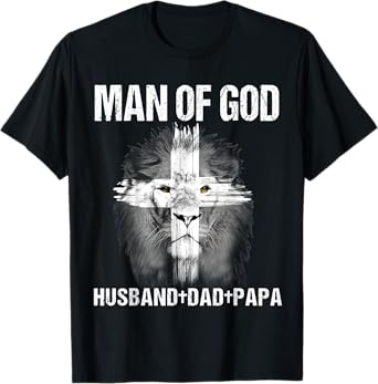 Mens Man of God Husband Dad Papa Lion Cross Jesus Christian Gift T-Shirt