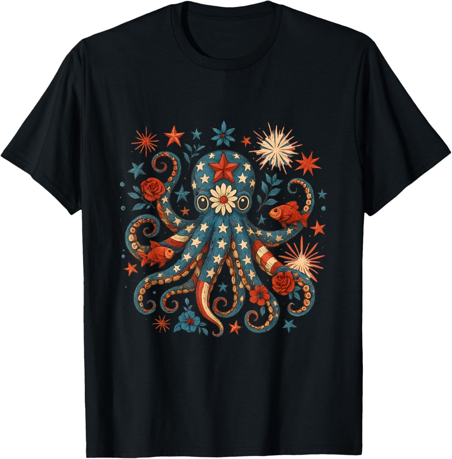 Vintage Floral Octopus Patriotic 4th Of July Fireworks Usa T-shirt