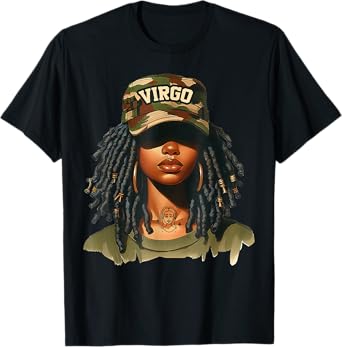 Virgo Girl Black Woman With Cap Camo Afro Woman Zodiac T-Shirt