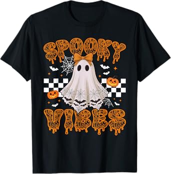 Spooky Vibes Ghost Retro Groovy Halloween Women Girls Kids T-Shirt