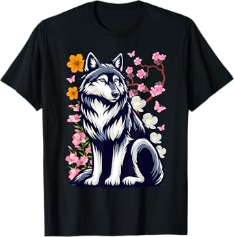 Cute Wolf With Flowers I Kids Wolf T-Shirt