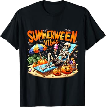 Summerween Halloween Skeleton Ice Cream Summer Vacation T-Shirt for Men Women