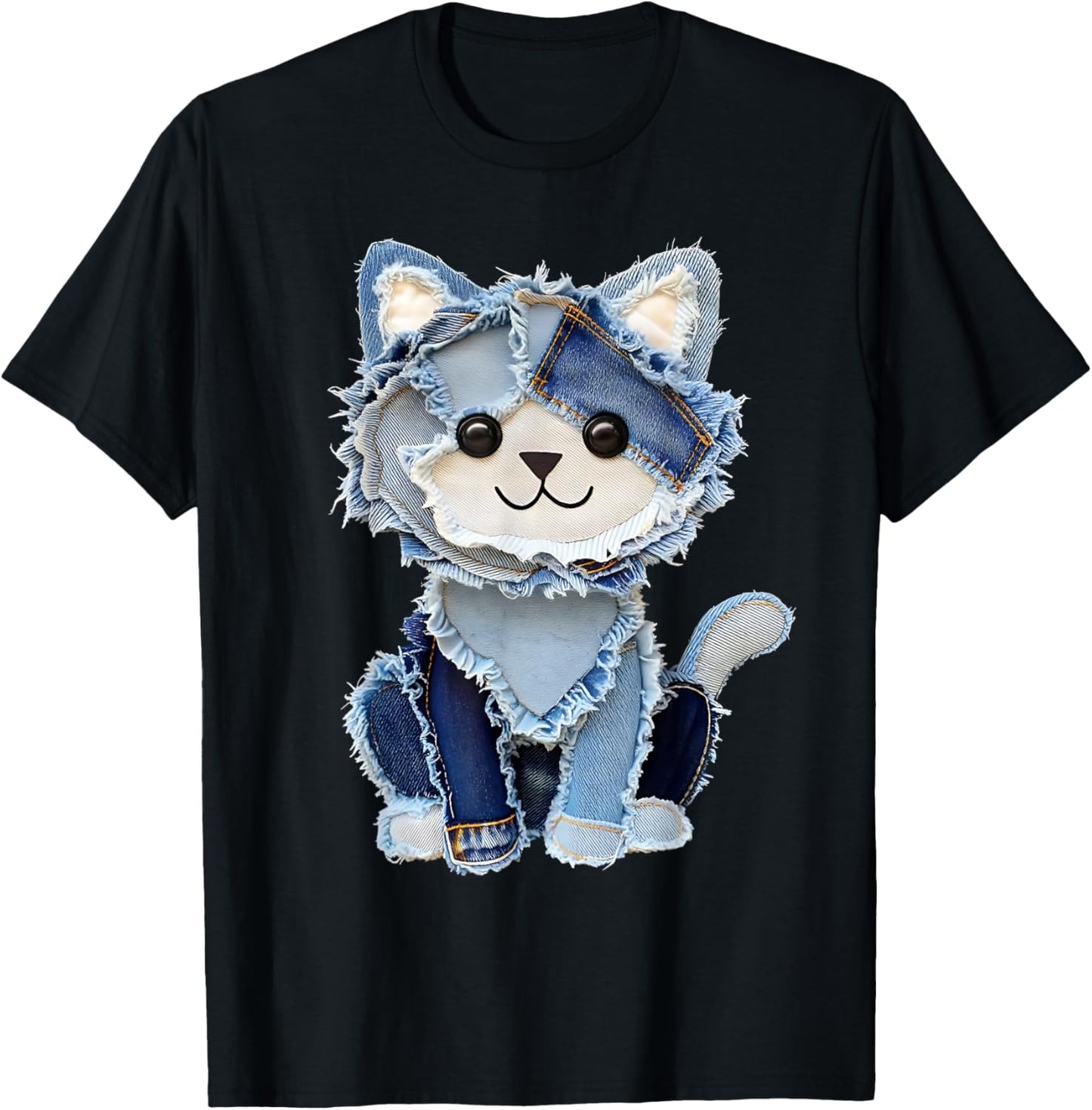 Denim Patch Cat with Stars Cute Blue Cat Gift T-Shirt
