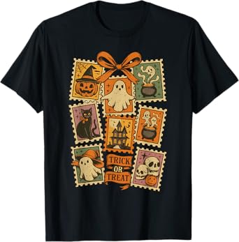 Retro Halloween Stamp Icons Funny Halloween Cat Ghost Stamp T-Shirt