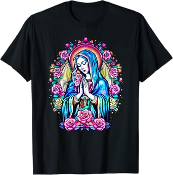 Praying Virgin Mary, roses, Christianity, faith, saint image T-Shirt
